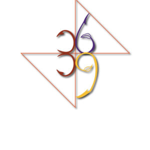 Abstract artistic design with geometric shapes and colorful spirals.