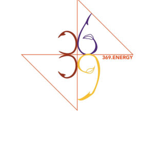 Abstract geometric design with Om symbol and sun energy theme.