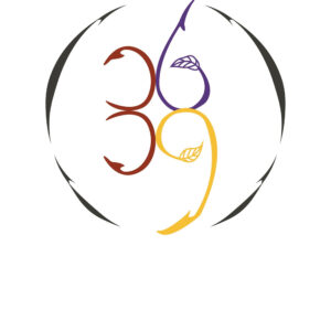 Abstract artistic design with stylized characters in a circular frame.