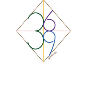 Abstract geometric design featuring colorful curved lines within a diamond shape.