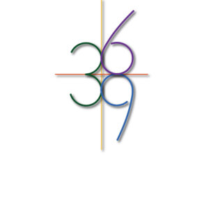 Abstract colorful design forming the number 369 on a white background.