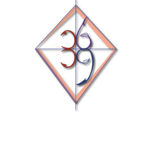 A symmetrical geometric design featuring mirrored stylized elements in a diamond frame.