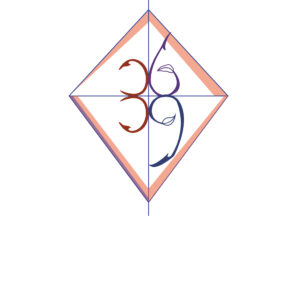 A stylized Om symbol inside a diamond-shaped outline with gradient colors.