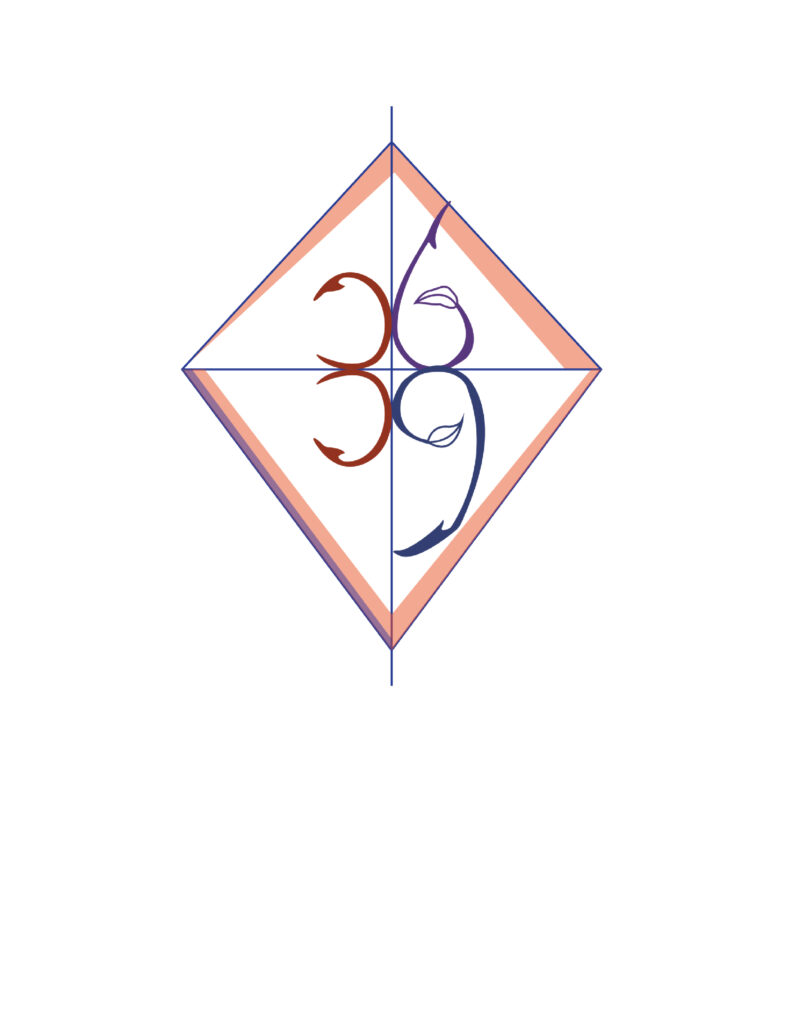 A stylized Om symbol inside a diamond-shaped outline with gradient colors.