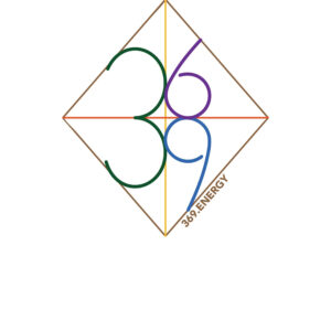 A colorful, stylized Om symbol inside a diamond shape.