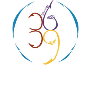 Artistic design featuring stylized spiritual symbols in blue and brown.