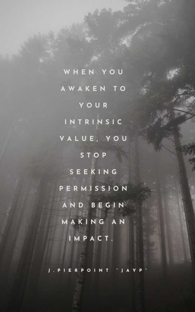 Inspirational quote about intrinsic value and impact in a foggy forest.